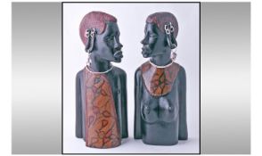 A Pair of Hardwood African/Kenya Carved Masai Figures , Man and Woman in traditional garb wearing