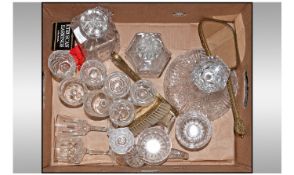 Box Of Miscellaneous. Comprising 3 glass decanters, wine glasses, ladies dressing table set, etc.