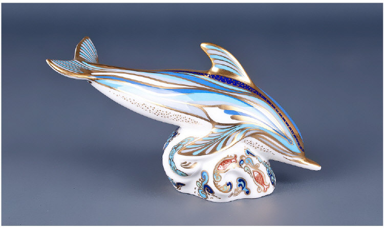 Royal Crown Derby Paperweight, 1st Quality Gold Stopper 'Stripe Dolphin' retired 2006 with box