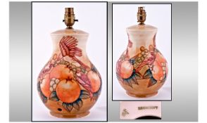 Moorcroft Large Lamp Base. Finches and fruit design. Designer Sally Tuffin. Height 12 inches. Very
