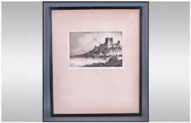 A Black and White Original Etching By R F King titled Bamborough Castle, Northumberland. Signed in