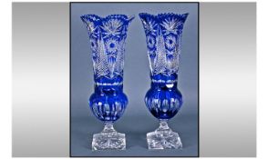 A Pair Of Fine Quality Cut Crystal Bohemian Glass Vases, overlaid in royal blue geometric designs