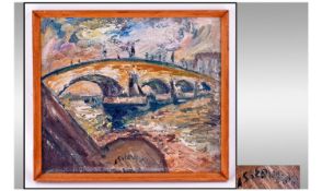 James Lawrence Isherwood 1917-1989, 'Bridge' Oil On Board, Pallet Knife, signed. 12.5x14" Dated to