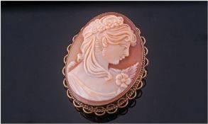 9ct Gold Oval Framed Shell Cameo Pendant/Brooch of good quality. The subject being the bust of a