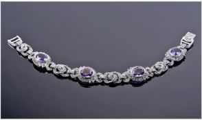 Good Quality Amethyst And Marcasite Silver Bracelet, Four Deep Purple Amethysts Surrounded By