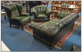A Green Leather Three Piece Suite in a Chesterfield Style, Comprising Three piece Sofa and Club