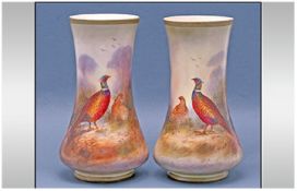 Crown Devon Fieldings True Pair Of Hand Painted Signed Vases. Peacock and Peahen in woodland