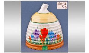 Clarice Cliff Hand Painted Lidded Preserve Pot. Autumn crocus design. Circa 1928. Height 4.25