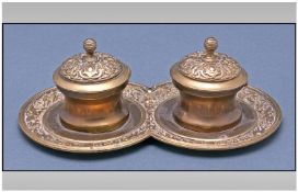 Victorian Brass Twin Inkwell Stand With Integral Inkwells. Circa 1880's. Width 8 inches, height 2.75