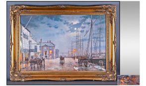 Coloured Print in Gilt Frame. "Dock scene" Overall size approx 35 by 27 inches