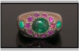 Eastern Silver Dress Ring. Set With Central Polished Emerald Surrounded By Rubies With Two Turquoise