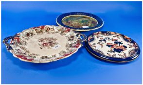 Three Victorian Cabinet Plates, comprising Doulton, Burslam, 'Alma', Majollica, and Staffordshire.