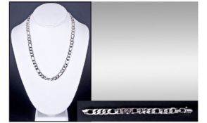 Gents Flat Curb Figaro Silver Necklace And Bracelet Set. Both Stamped 925. Both Clasps Broken.