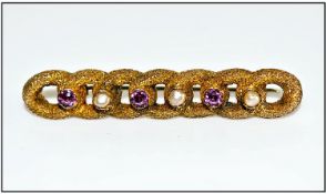 9ct Gold Bar Brooch, Of Textured Interlocking Rings, Set With Alternating Amethyst And Pearl