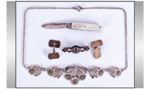 Small Silver Penknife and Various Silver Jewellery comprising hallmarked silver and mother-of-pearl