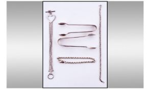 A Collection Of Silver Items, 5 In Total. Comprises 3 silver bracelets, 2 sugar tongs. Hallmarked