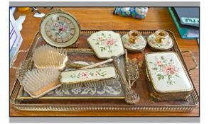 1930`s Petit Point Ladies 11 Piece Dressing Table Set. Comprising clock, hand mirror, pair of