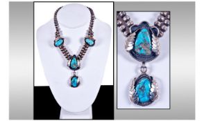 Navajo Indian Vintage Hand Made Silver And Turquoise Set Necklace And Pendant Drop. Length 18