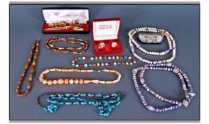 Mixed Lot Of Costume Jewellery. Comprising Bead Necklaces, Gents Cufflinks And Ball Point Pen.