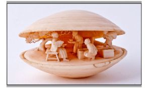 Japanese - Fine And Signed Late 19th Century Ivory Netsuke In The Form Of A Shell With Figures