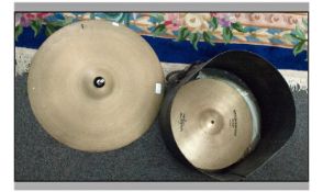 Case Containing Cymbals, Including Various Hi Hats, 1 Drum skin, together with 1 larger cymbal.