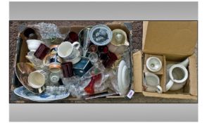 Box Of Miscellaneous. Comprising commemorative items, glasses, boxed teapot and jug set, wedgewood