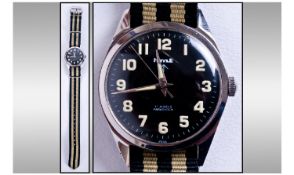 HMT Military Style Wrist Watch. Black Dial. Luminous Arabic Numerals. Stainless Steel 35mm Case.