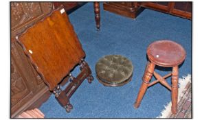 An Antique Pub Stool, on turned legs. Together with a folding hunts table in oak with square wavy