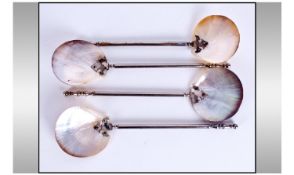 Four White Metal Serving Spoons, With Mother Of Pearl Bowls.