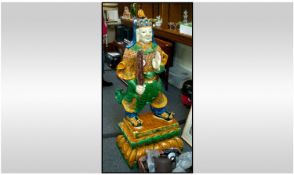 Large & Impressive Chinese Figure Of A Temple Guardian On A Lotus Base, Glazed pottery Sancai ware.