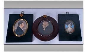 19th Century Miniature Portrait Paintings On Paper, 3 In Total. All within period black wooden