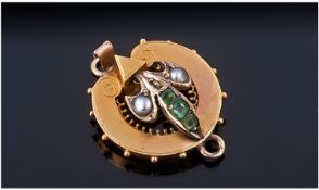 Victorian 15ct Gold Clasp. Raised Front Set With Seed Pearls And Three Emerald Coloured Stones.