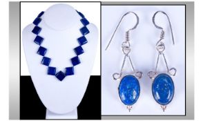 Lapis Lazuli Necklace. Polished Square Beads. White Metal Clasp. Together with Silver Mounted Drop