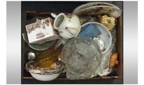 Box Of Miscellaneous. Comprising Shelley teapot and milk jug, glass ware, cabinet plates, novelty