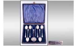 Victorian Ornate Silver Set Of Six Teaspoons, plus matching sugar nips and preserve/caddy spoon.