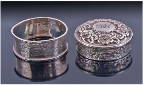 Small Circular Pill Box, Hinged Lid with Monogramme, Embossed Throughout With Floral Decoration,