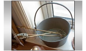 Brass Jam Pan with Swing Iron Handle with three brass toasting forks.