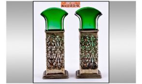 Pair Of Early 20thC Green Glass Posy Holders/Vases, Of Square Form With Angular Mouth, Both With