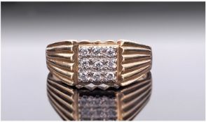 Gents 9ct Gold Diamond Cluster Ring, Set With 9 Round Modern Brilliant Cut Diamonds, Fully