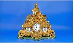 French Very Fine Late 19th Century Gilt Metal and Porcelain Mounted Figural Mantel Clock. c. 1880.