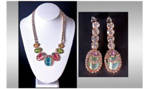 Multicolour `Cat`s Eye` and Crystal Necklace and Earring Set, the necklace formed from seven oval