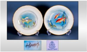 Royal Worcester Pair Of Signed And Hand Painted Fish Plates. By A Badham. Circa 1950`s. Each 9