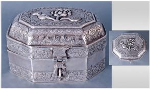 An Indian 19th Century Silver Octagonal Shaped And Hinged Dome Lidded Casket. With raised and