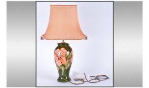Moorcroft Tall Table Lamp Base With Shade. Coral Hibiscus design on green ground. Mint condition.