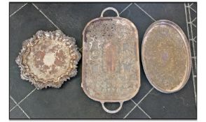 Three Silver Plated Serving Trays, various sizes and decorations.