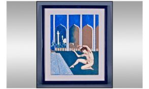 Finn Carlsson. An original watercolour illustration depicting a naked female dancer in a Harem