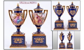 Vienna Early 20th Century Pair Of Two Handled Urn Shaped Vases. Raised on integral stepped square