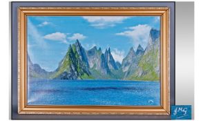 Local Artist Joe McGinn. Oil on Canvas in gilt frame. Entitled `Lofoten Islands`. 23 by 35 inches.