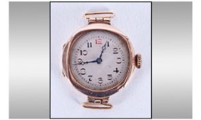 9ct Gold Cased 1920`s Wrist Watch. No strap. Marked 9.375. Manual wind. A/F