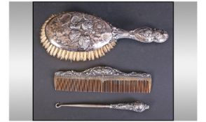 Edwardian Silver Backed Hairbrush, Comb And Button Hook. 3 items in total. Hallmark 1906.